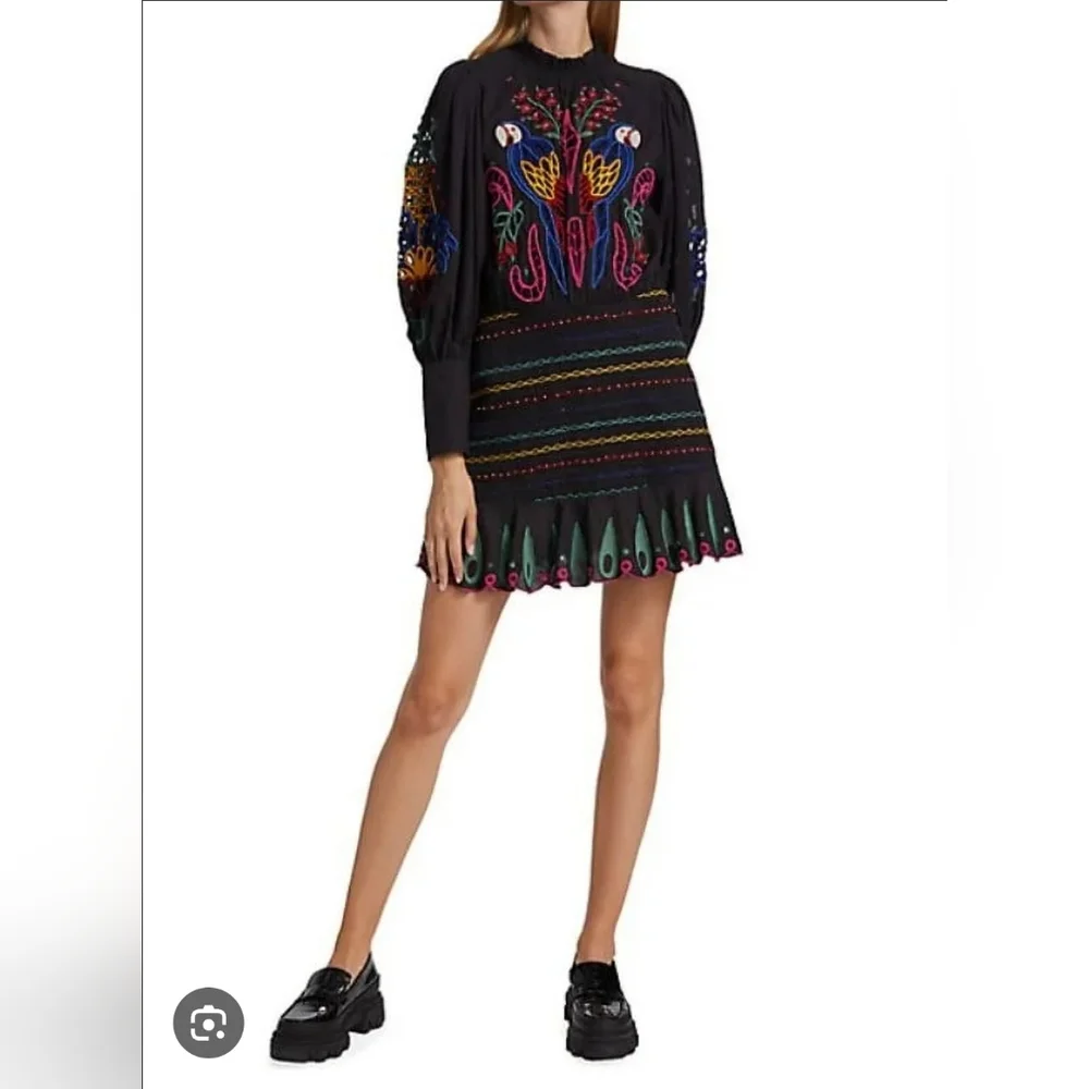 FarmRio Embroidered Puffsleeve  Black Dress Colorful Parrot Design Romantic Sz M - Picture 4 of 16